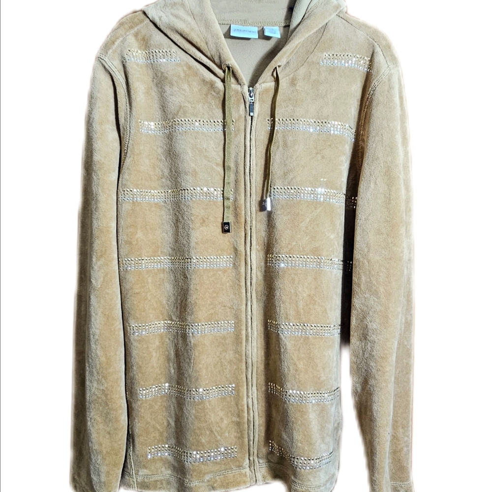 ZENERGY by CHICOS Womens Studded Velour Hooded Jacket Zip Up 1 Medium 8 Tan